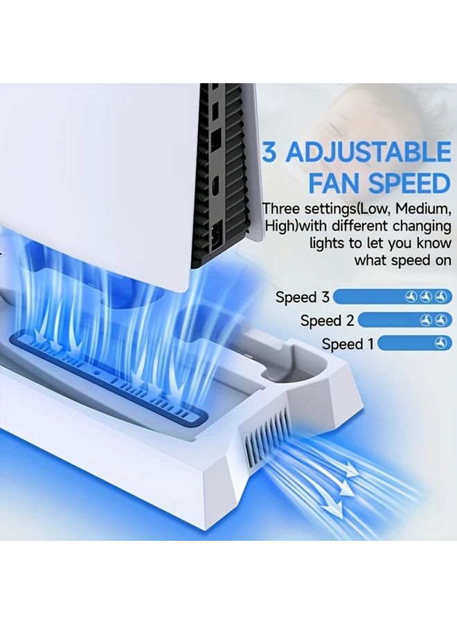 White PS5 Stand With Cooling Fan Dual Controller Charger And Headset Holder For PS5 Slim Console - Image 1